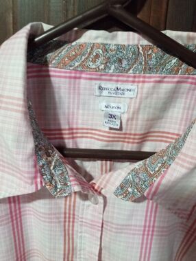 Rebecca Malone Pink Plaid Short-Sleeve Button-Down Shirt Women's Size 3XL